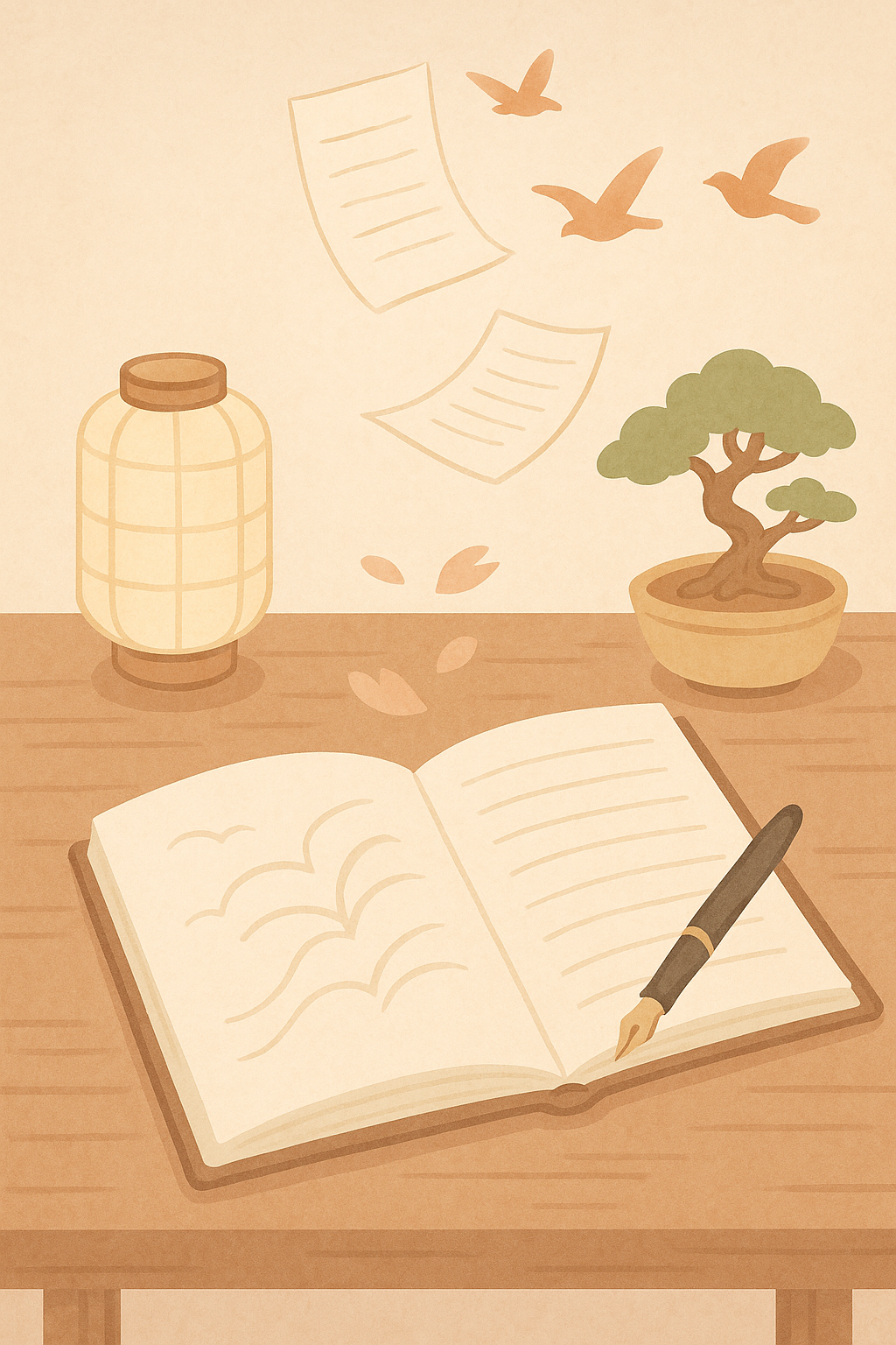 Writing desk with lantern and books